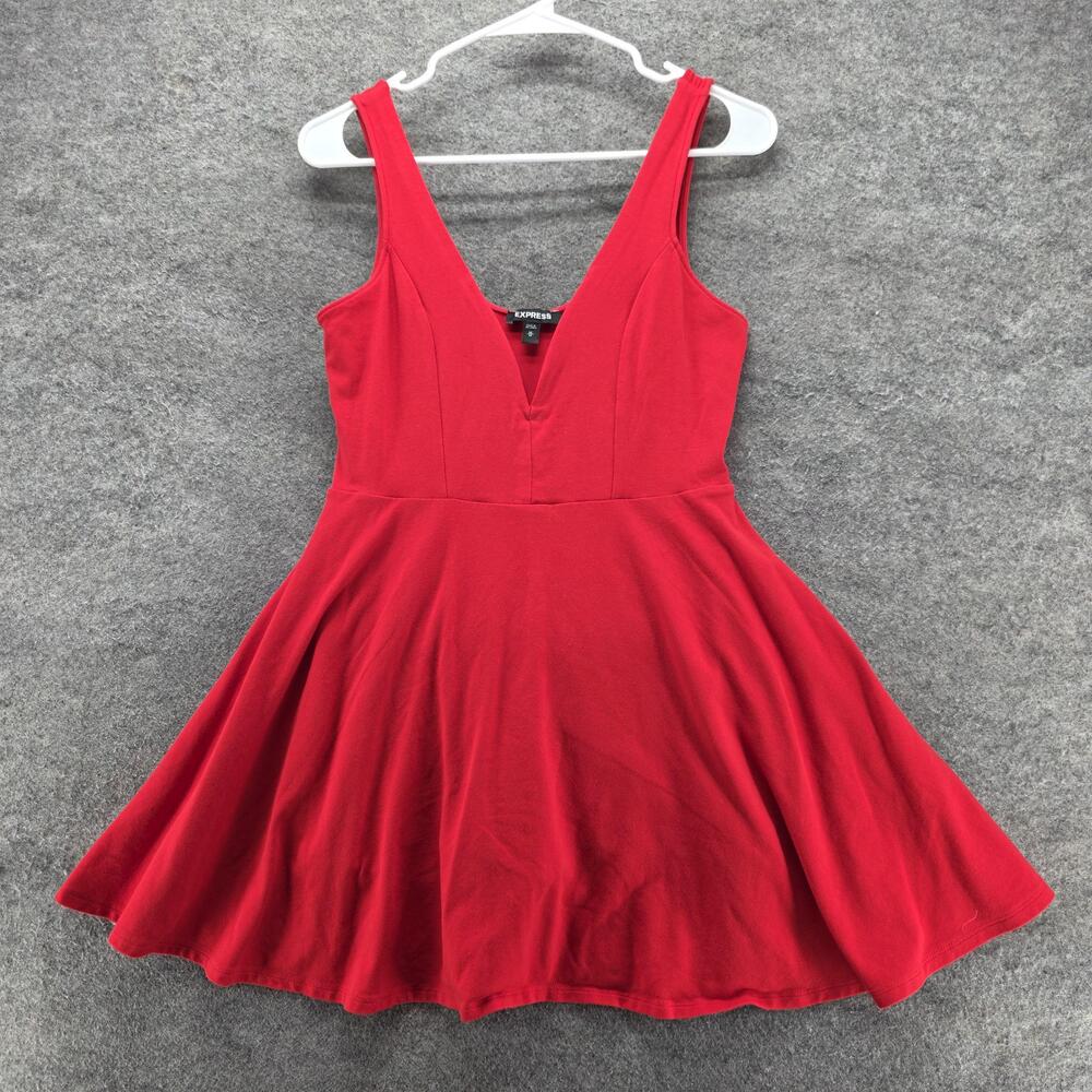 Express Dress Womens M Red Fit & Flare Short V-Neck Jersey Sleeveless Party